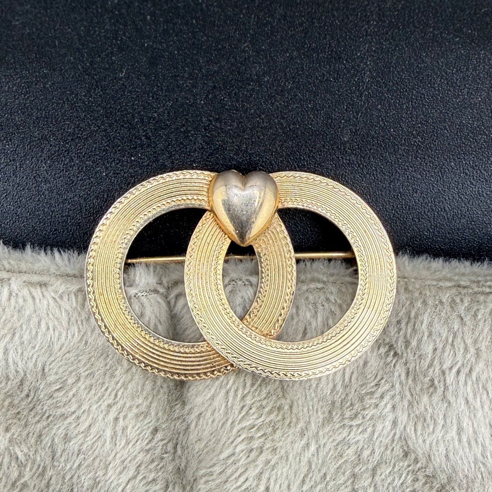 Vintage Gold Filled Brooch Double Circle Heart Love Wedding