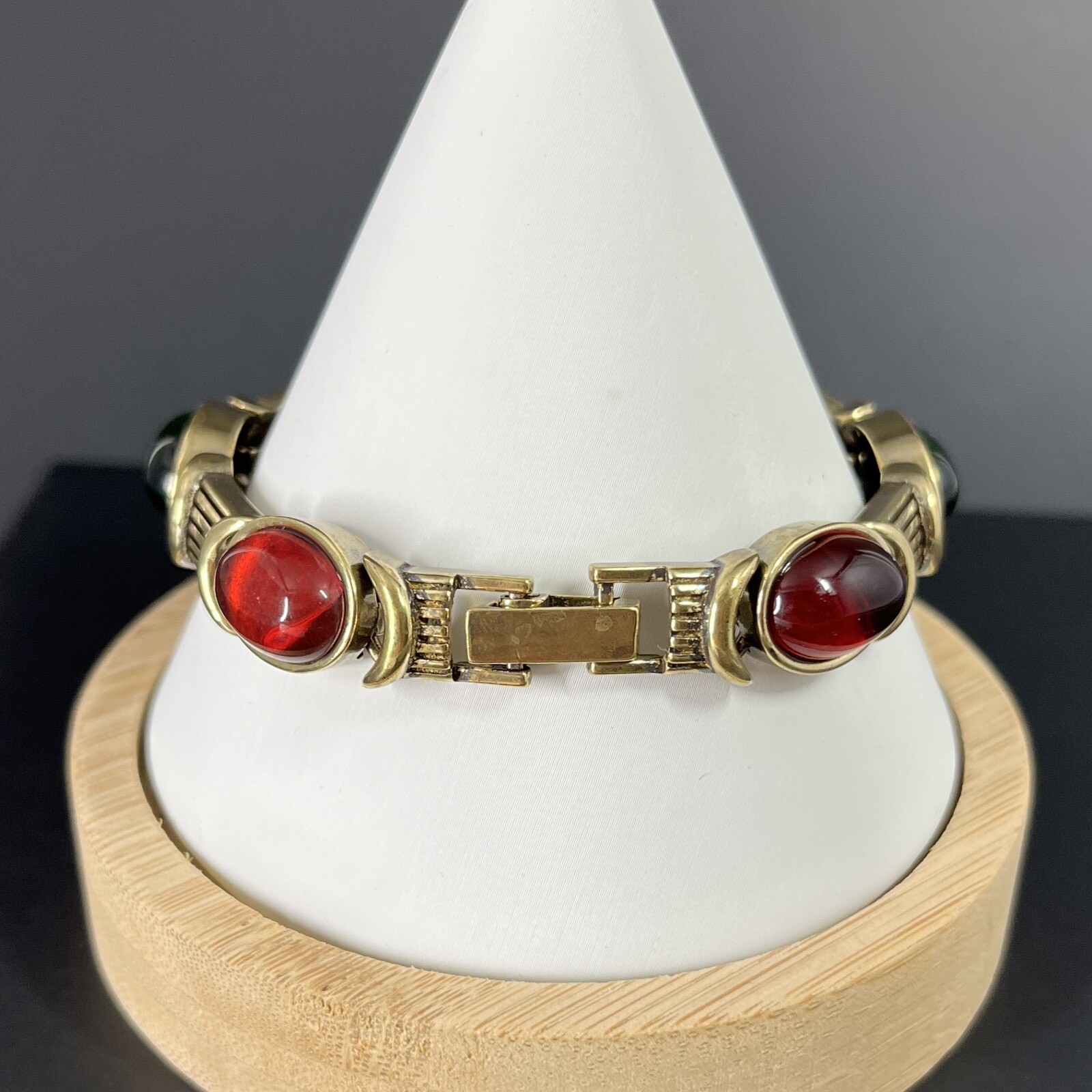 Gripoix Glass Cabochon Bracelet Gold Tone Red Green Mogul Jewel Art Deco Style