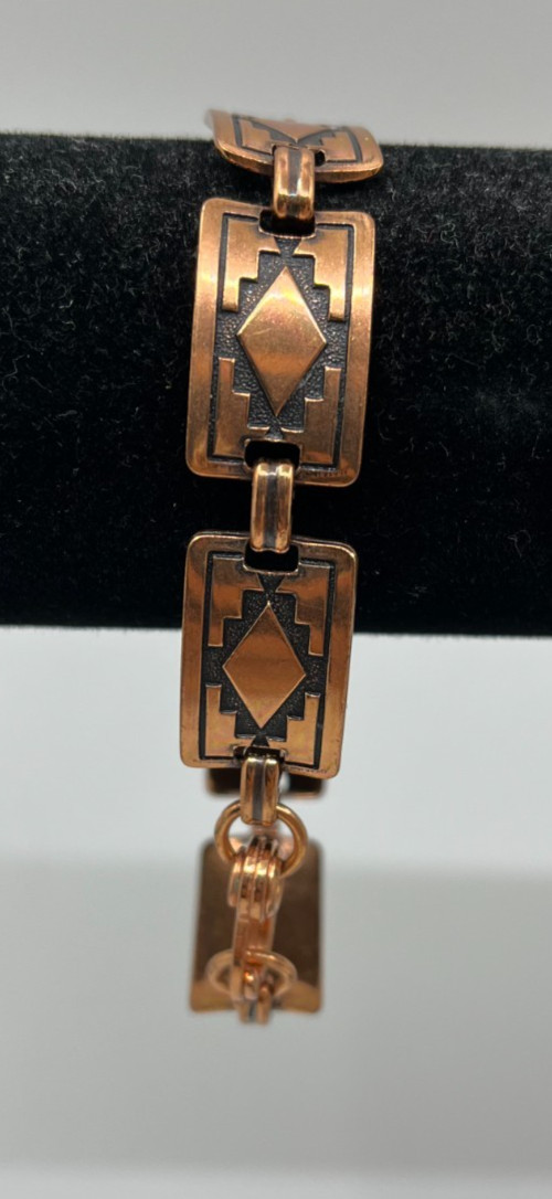 Vintage Copper Link Bracelet Southwestern Tribal Geometric Rectangle Panels 7.75