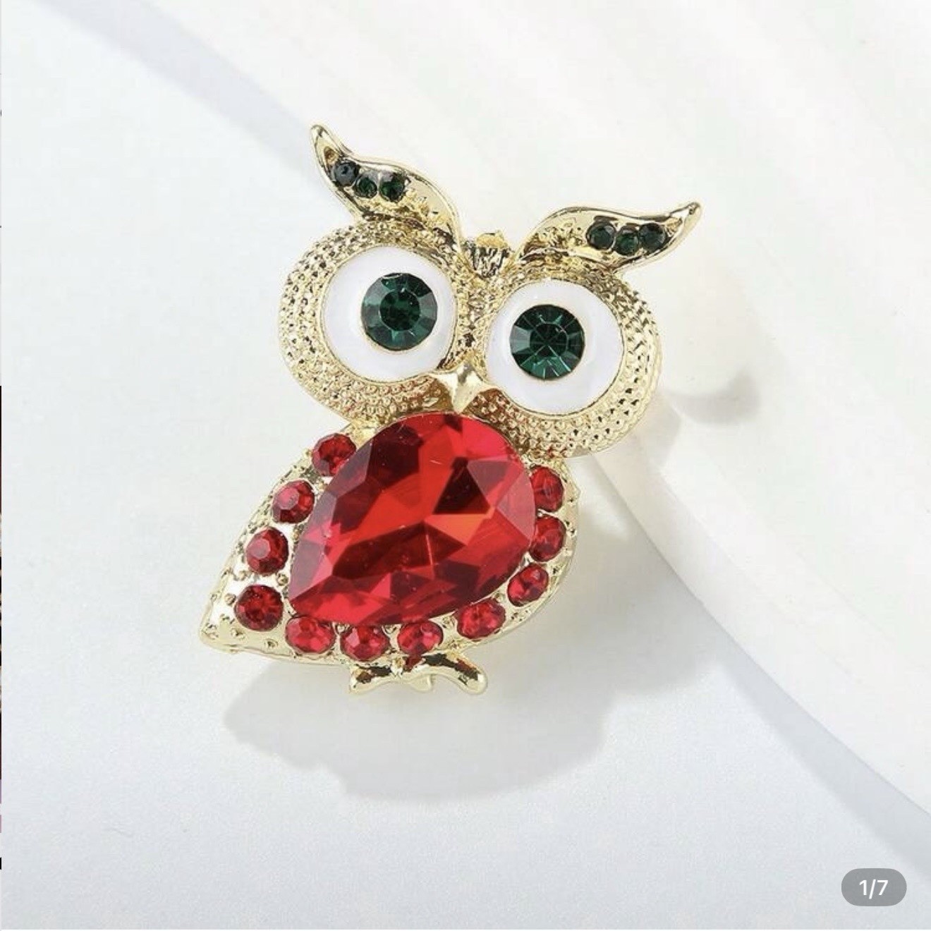 Retro Big Eyed Owl Brooch Red Rhinestone Fashion Pin Vintage Style
