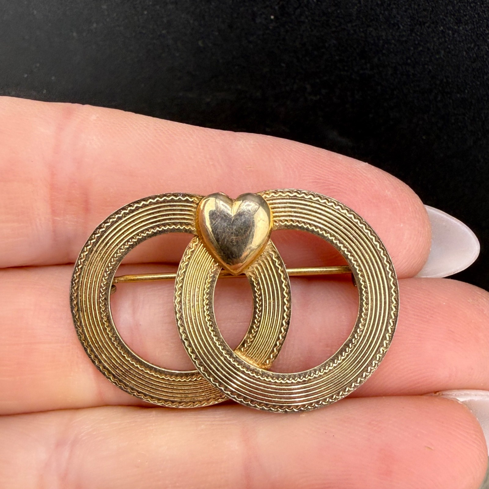 Vintage Gold Filled Brooch Double Circle Heart Love Wedding