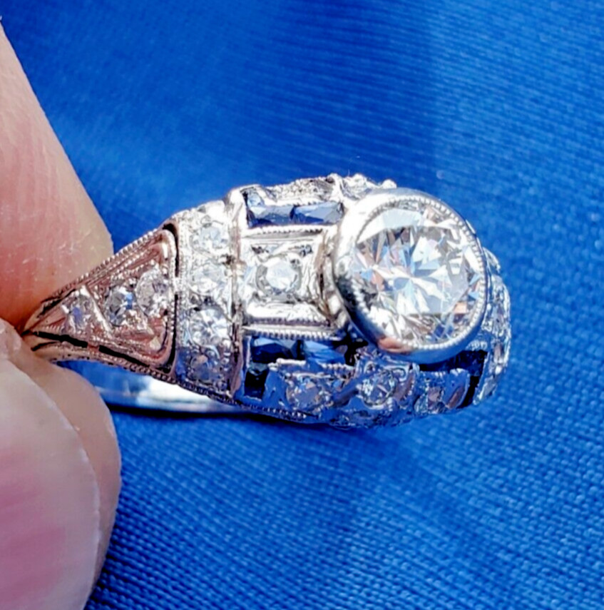 Original EARTH MINED DIAMOND Deco Engagement Ring Platinum Sapphire Solitaire 6