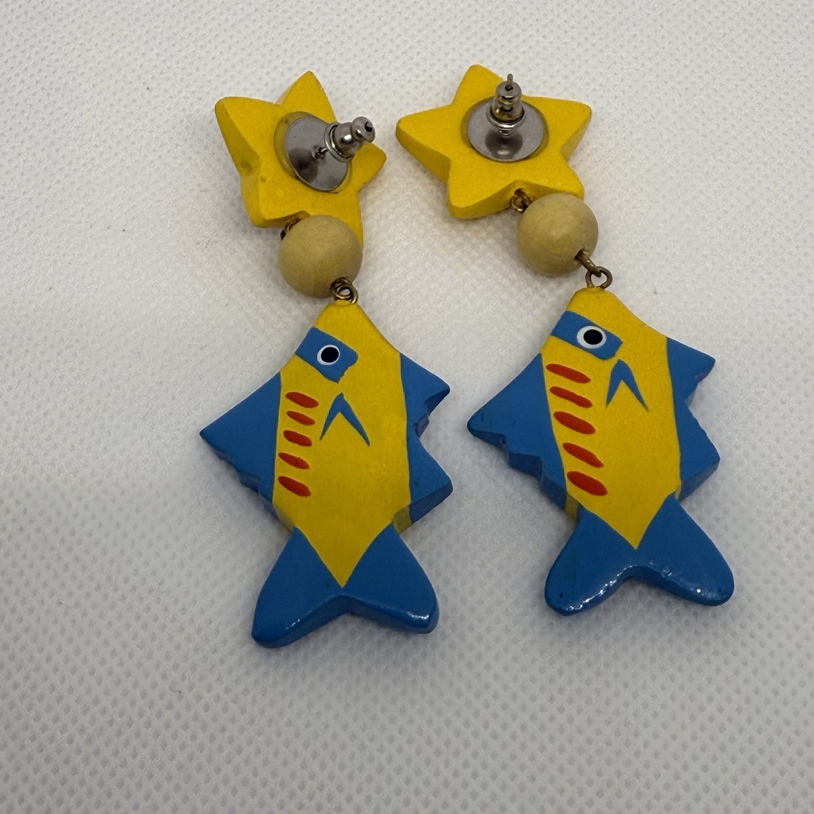 Tropical Fish Earrings Hand Painted Wood Island Coconut Art Beach Vintage