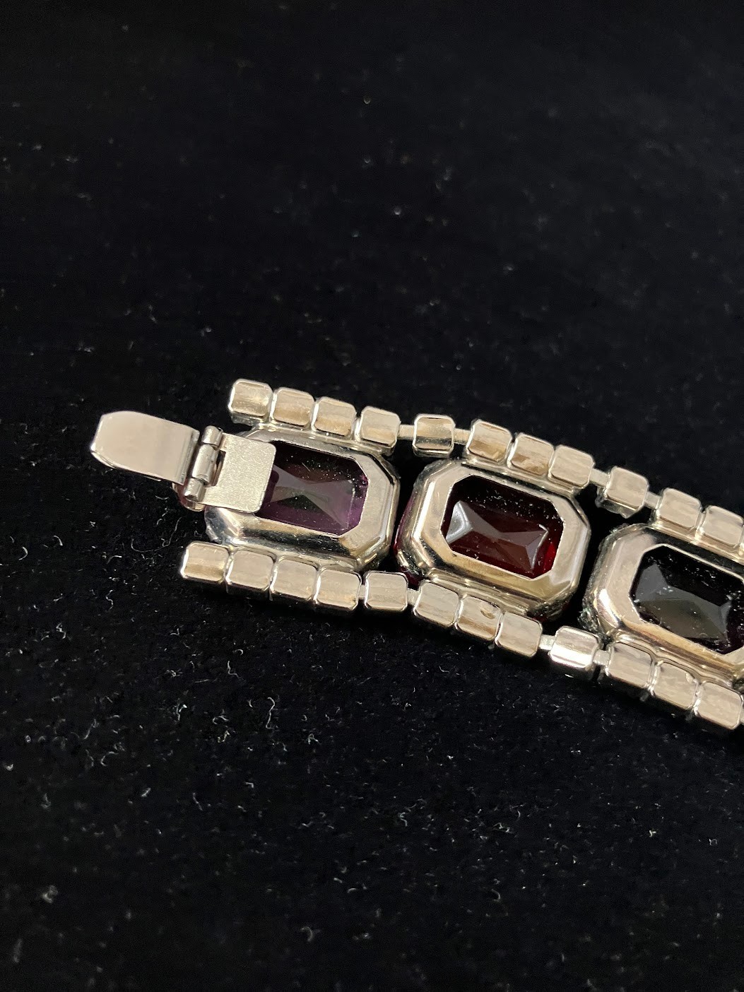 Vintage Rhinestone Panel Bracelet Square Cut Chunky Bling Purple Pink Red Clear