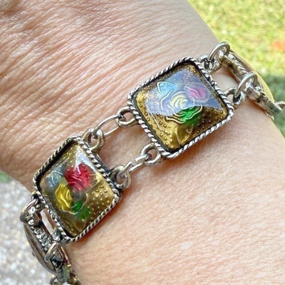 Vintage Floral Panel Link Bracelet Enamel Rose Gold Tone Boho Jewelry