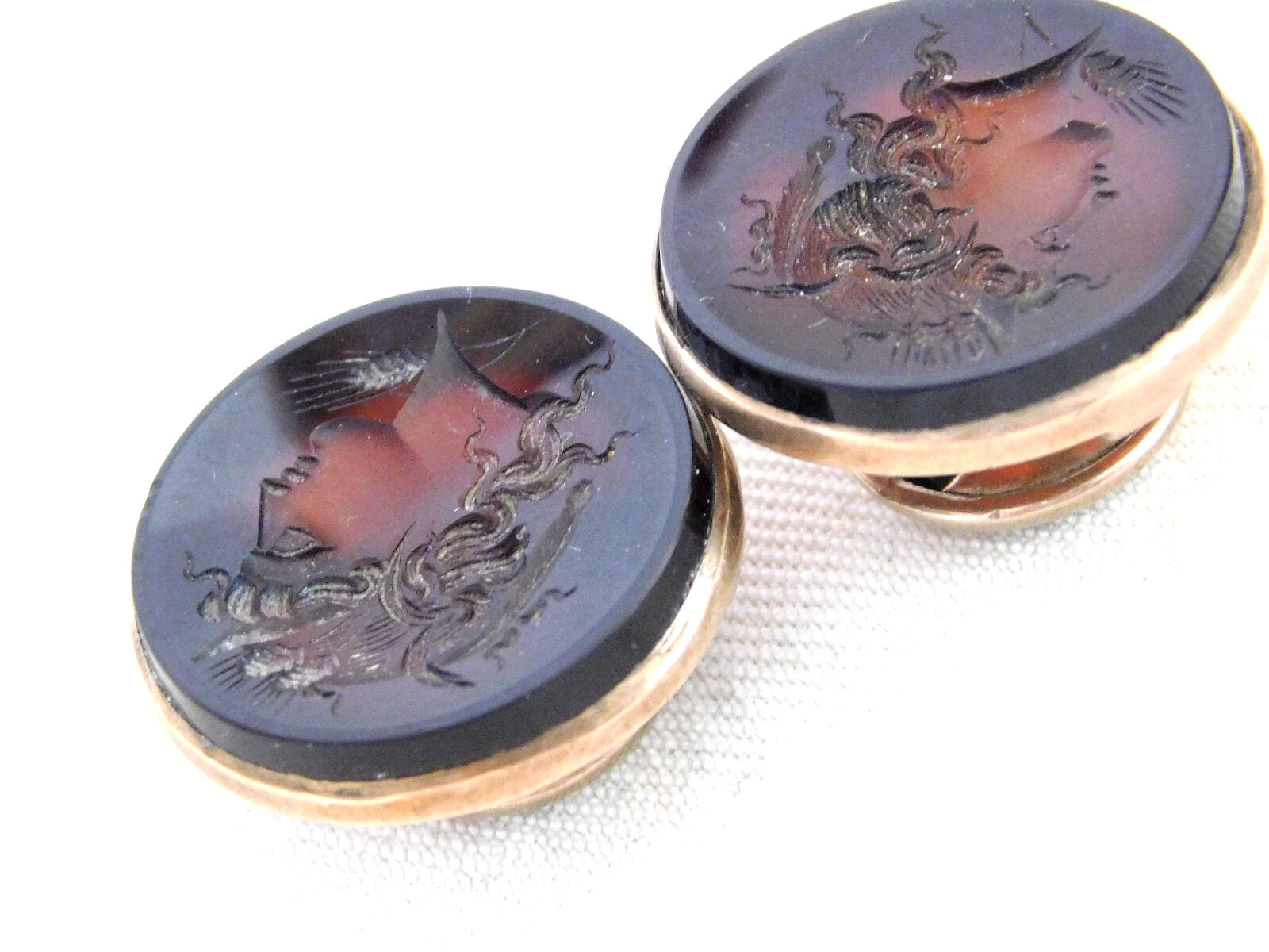 AMAZING Edwardian RENAISSANCE REVIVAL CARVED CARNELIAN CUFFLINKS, GODDESS, 1900