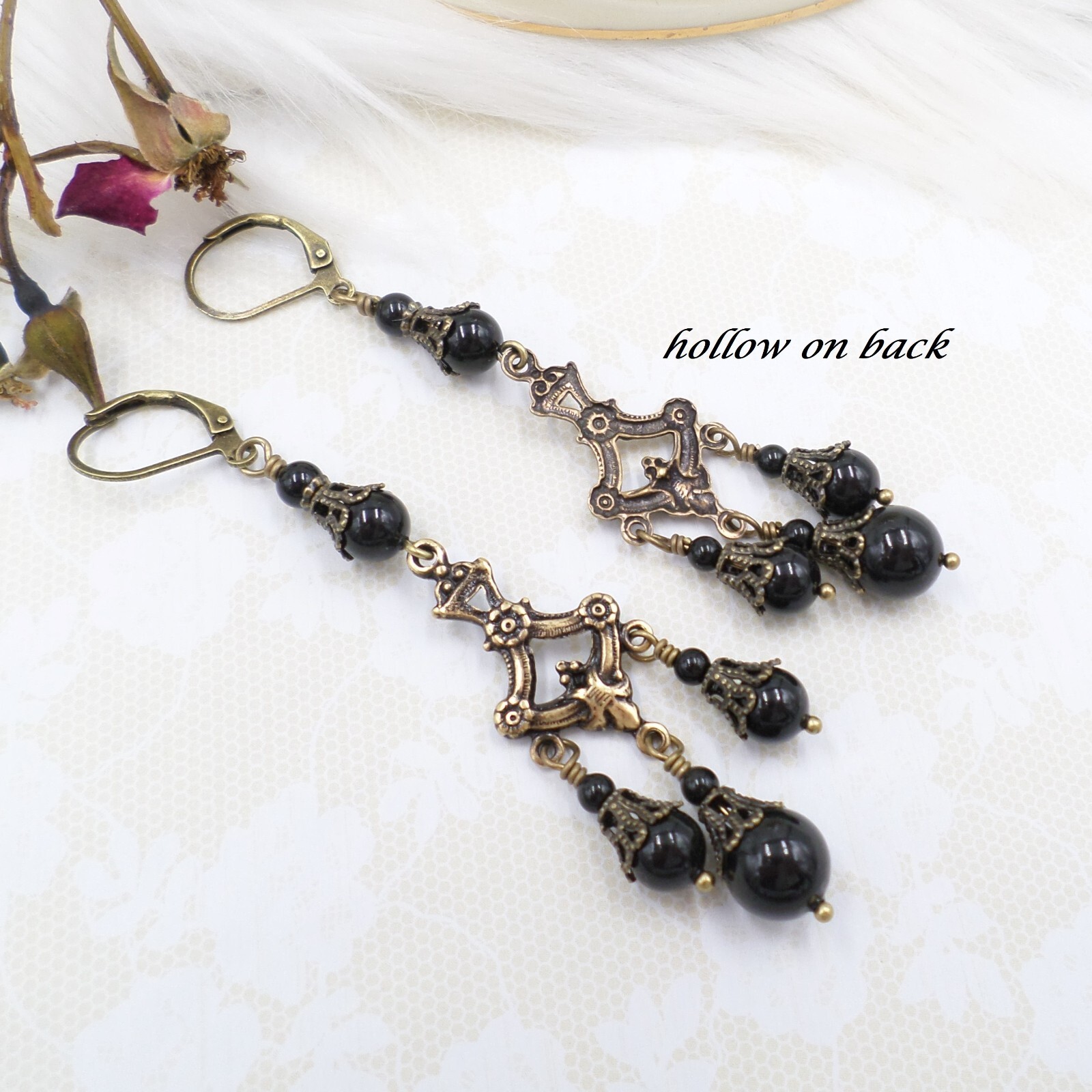 Victorian Mourning Earrings Jet Black Glass Bead Chandelier Filigree Handmade
