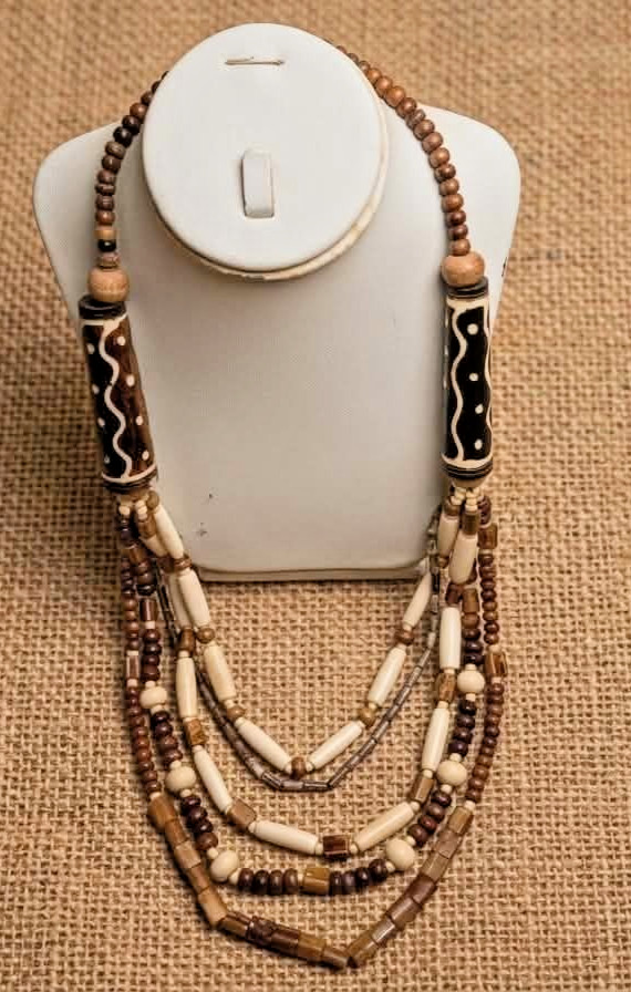 Vintage Wooden Beaded Necklace Multi Strand Brown Tan Statement Tribal Boho