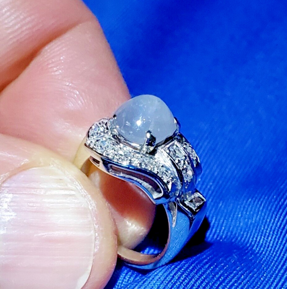 EARTH MINED STAR SAPPHIRE DIAMOND ART Deco Engagement Ring SOLID 14K WHITE GOLD