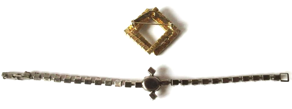 Vintage Amber & Clear Rhinestone Pin And Amber Bracelet