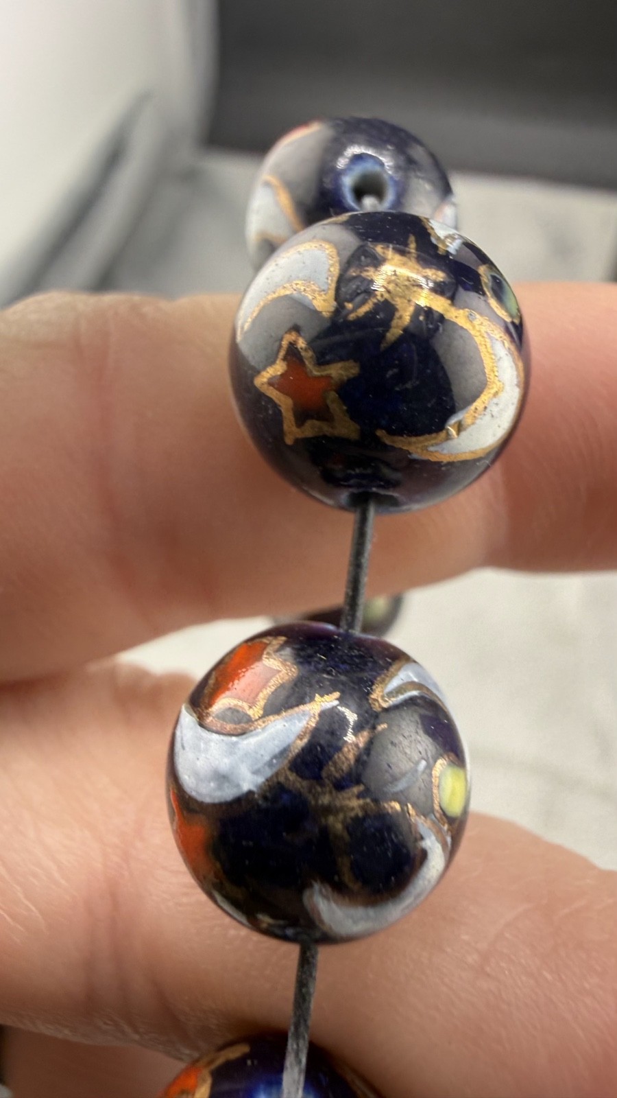Vintage Glass Beaded Bracelet Stretch Marble Star Moon Sun Celestial 6.5”