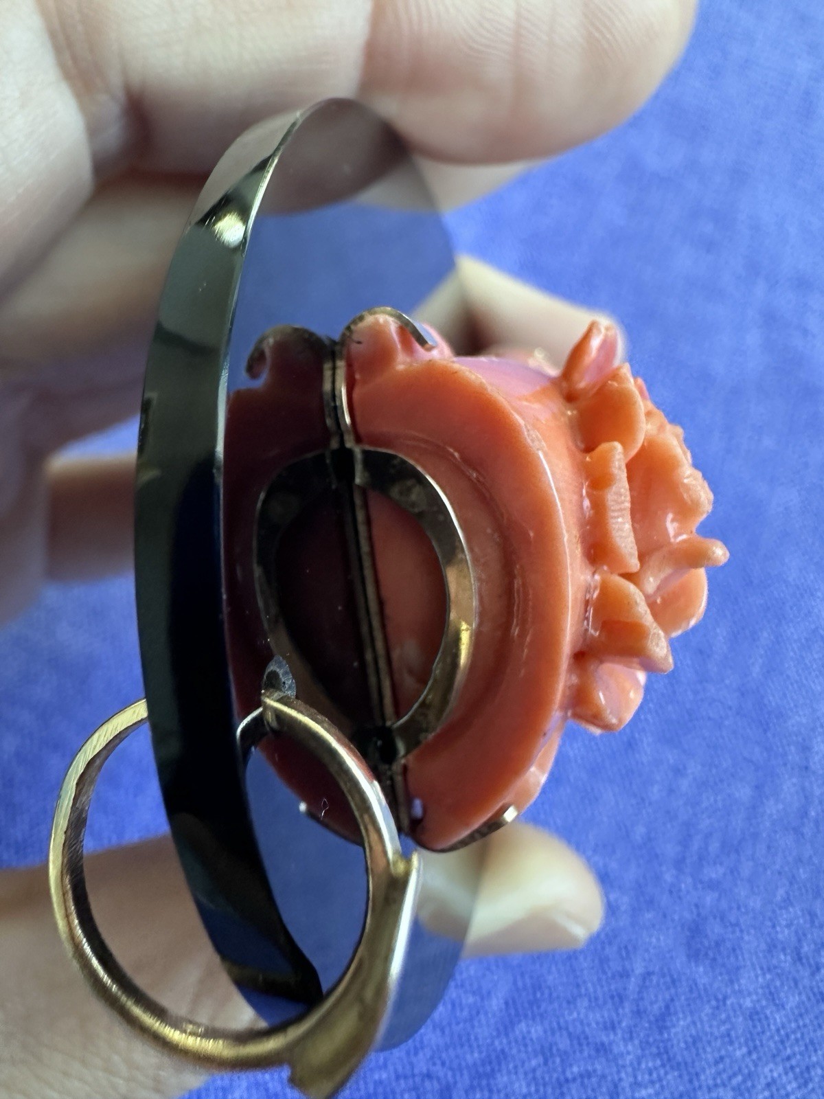 Vintage Natural Coral Carved Rose Pendant Black Onyx Estate Jewelry