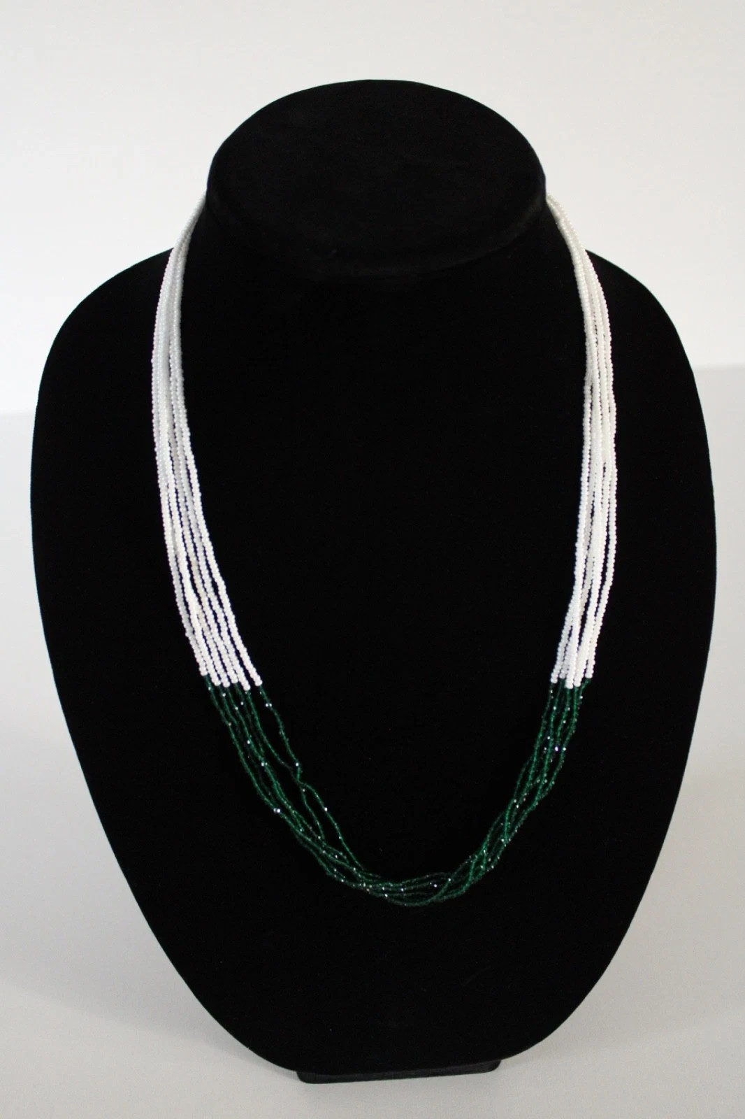 Green White 24″ 6 Strand Tiny Seed Bead Beaded Shimmering Necklace Handmade