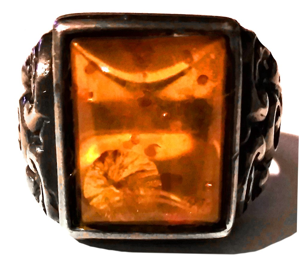 Antique Vintage Amber Silver Ring Carved Baroque Real Natural Baltic Europ Large