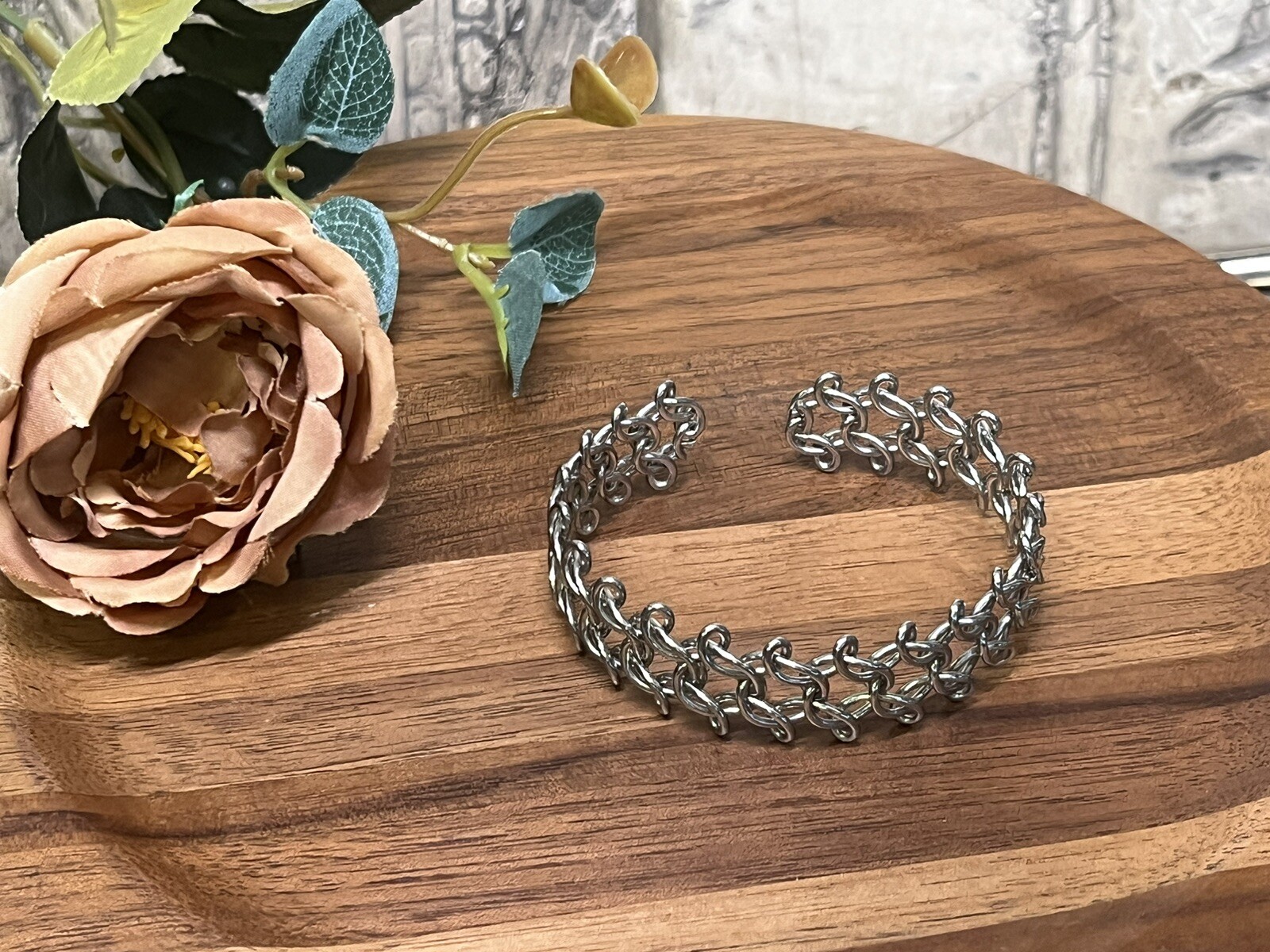 Vintage Silver Tone Chain Linked Cuff Bracelet -Fashion Jewelry -Teen Or Adult
