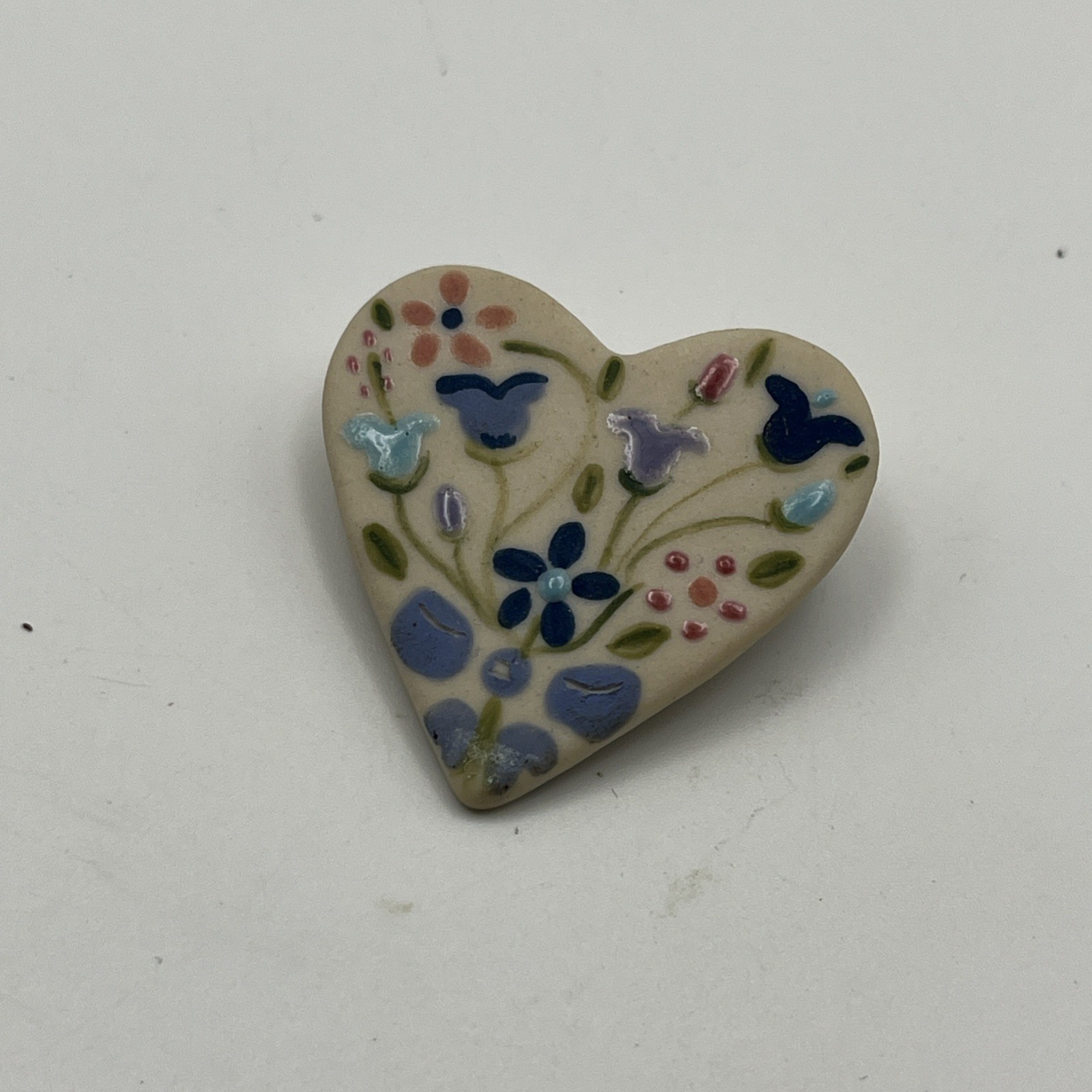 Beautiful Hand Painted Colorful Floral Heart Shaped Brooch Signed THW Pin