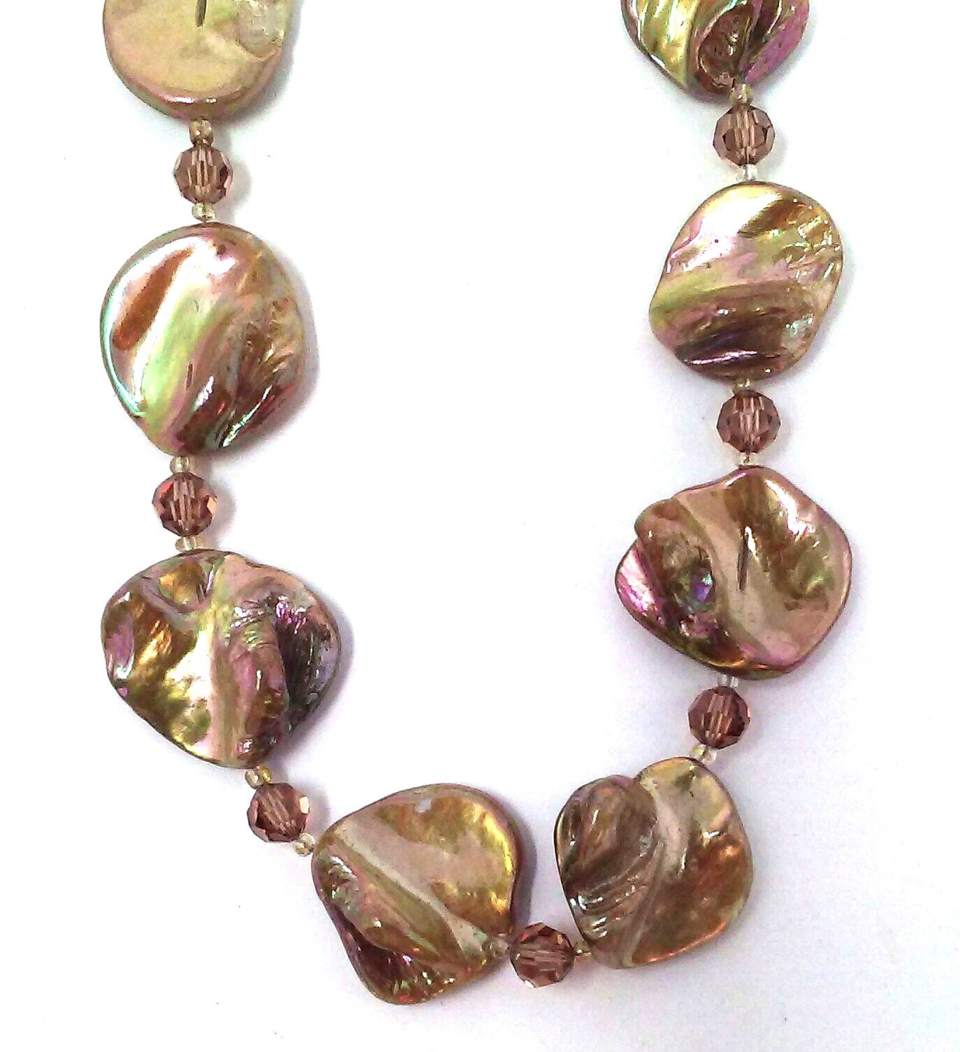 Vtg Golden Brown Dyed Mother of Pearl Boho Choker Necklace with Topaz Crystals