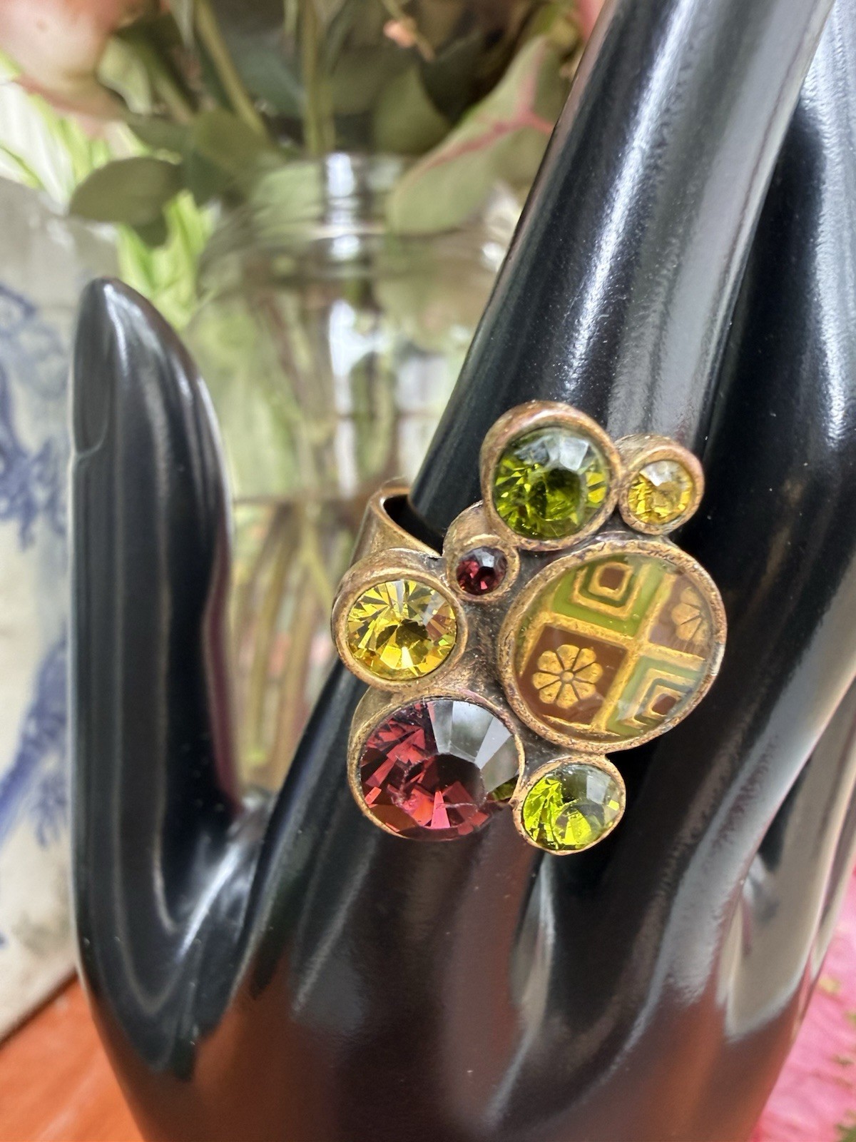 Vintage Pilgrim Multi stone Brass Ring Adjustable Band Green Red