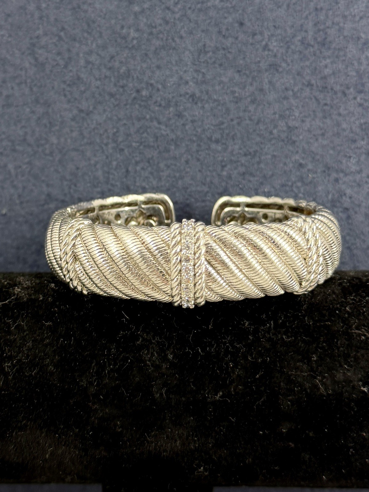 JUDITH RIPKA Sterling Silver Cubic Zirconia Cable Twist Wide Cuff Bracelet; 75g