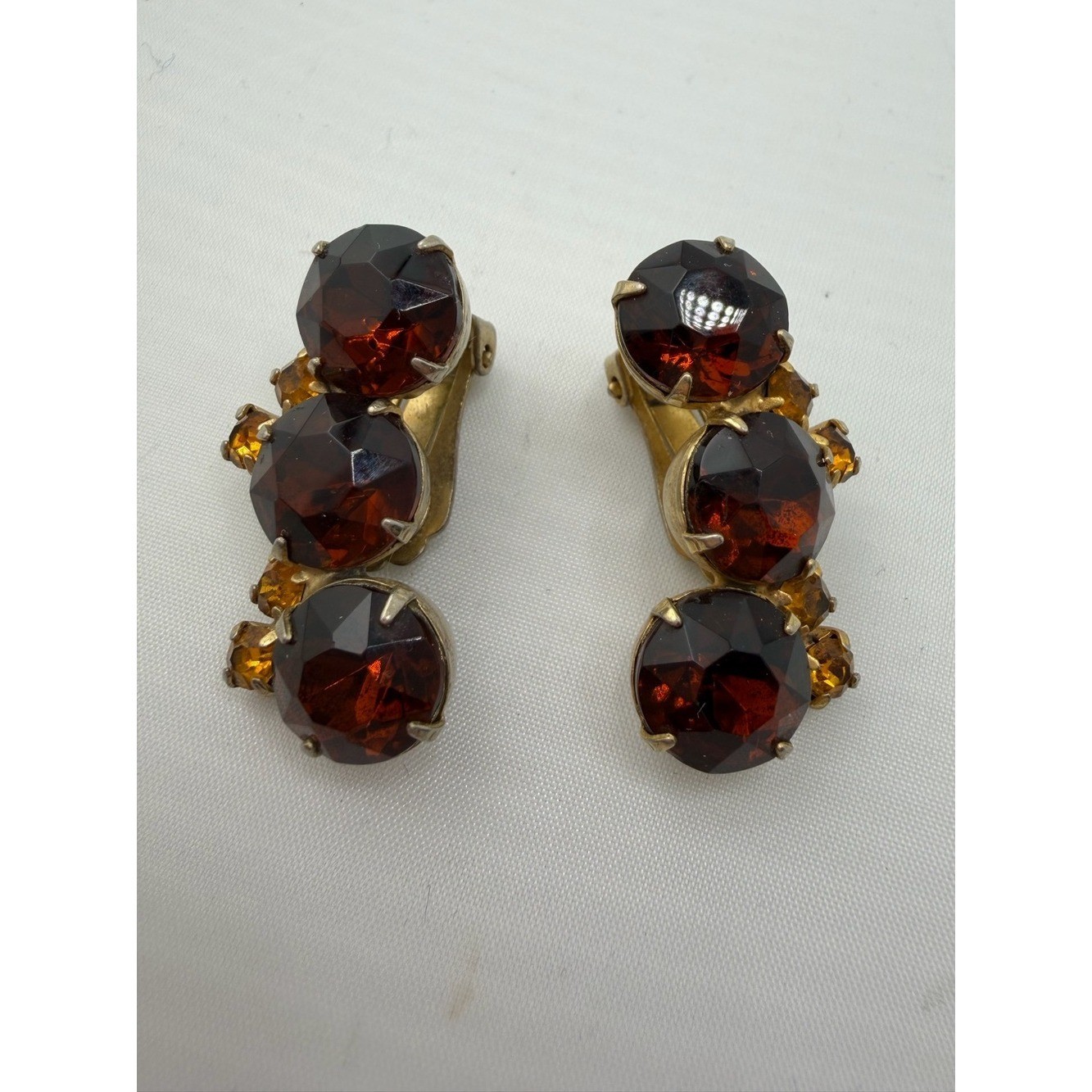 Vintage Amber Topaz Rhinestone Teardrop Cluster Clip On Earrings