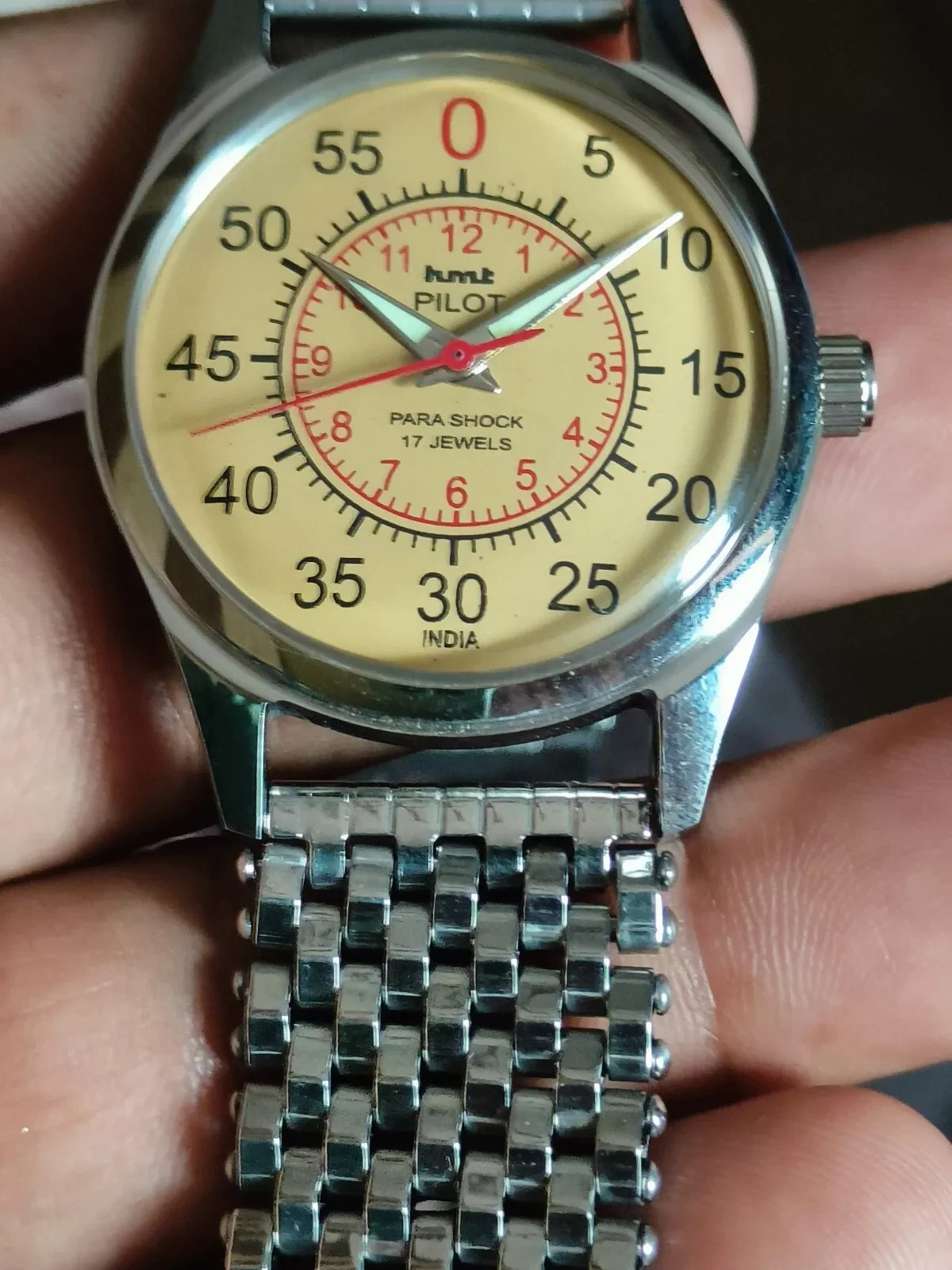 Vintage HMT Pilot Yellow Mechanical hand winding Watch Bracelet Strap 17 Jewels*