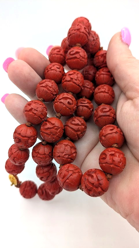 Vintage Chinese Cinnabar Bead Necklace Hand Knotted Carved Red Beads 24 In