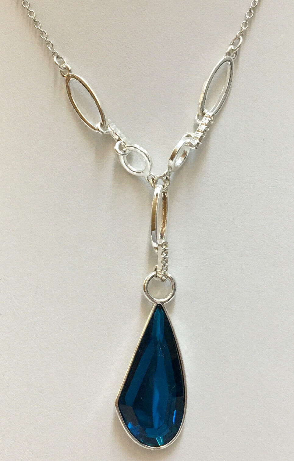 Silver Tone Necklace Blue Faceted Teardrop Pendant And Clear Rhinetone Accents