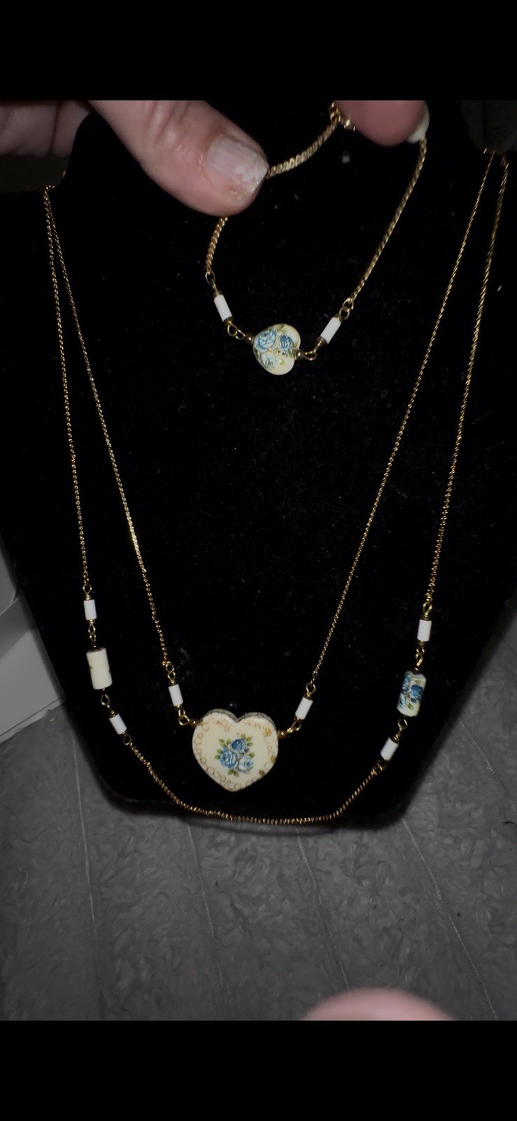 Vintage Japanese Tensha Blue Rose Porcelain Heart Necklace With Match Bracelet