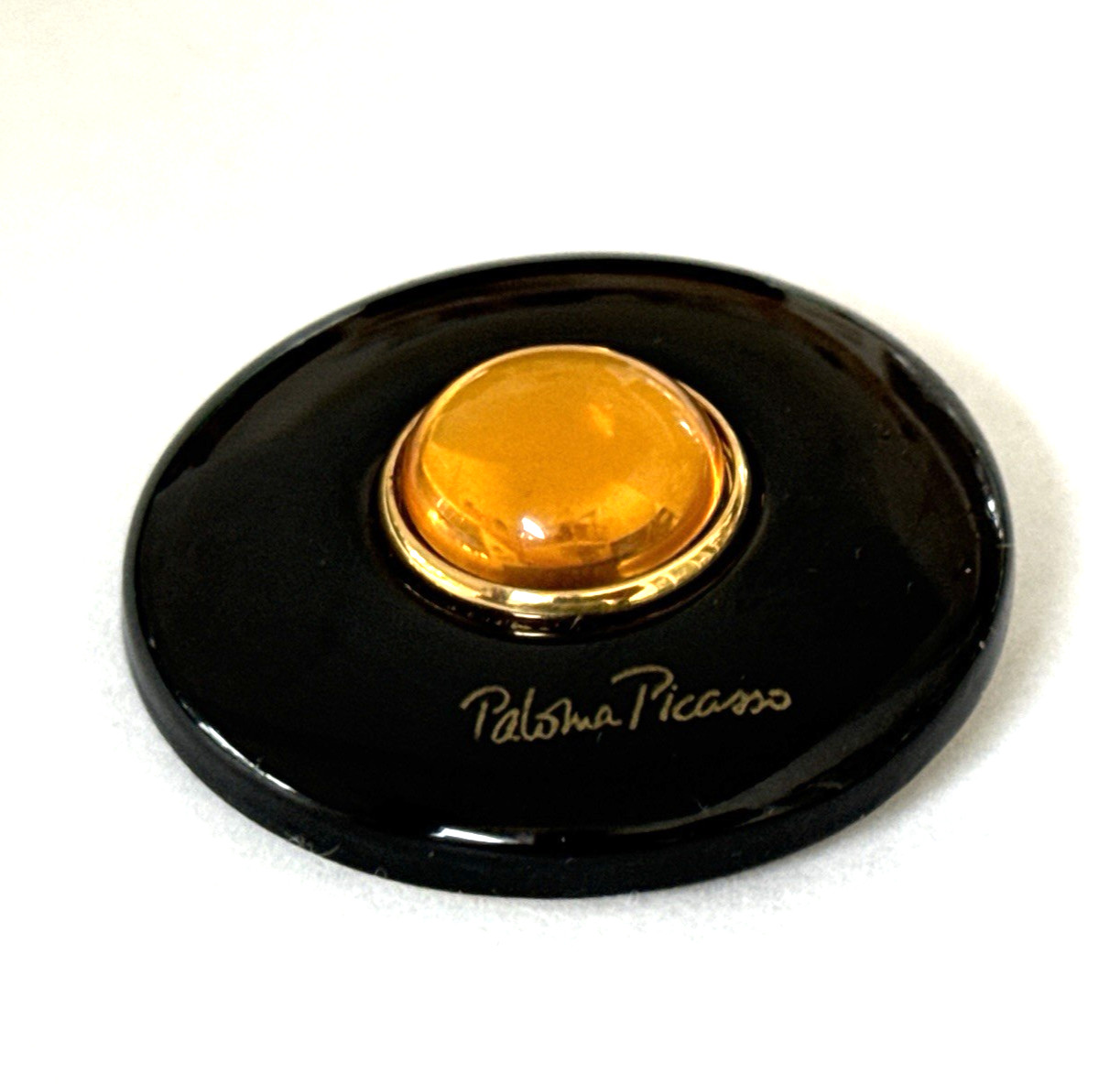 PALOMA PICASSO Designer Round Black Brooch Amber Glass Center
