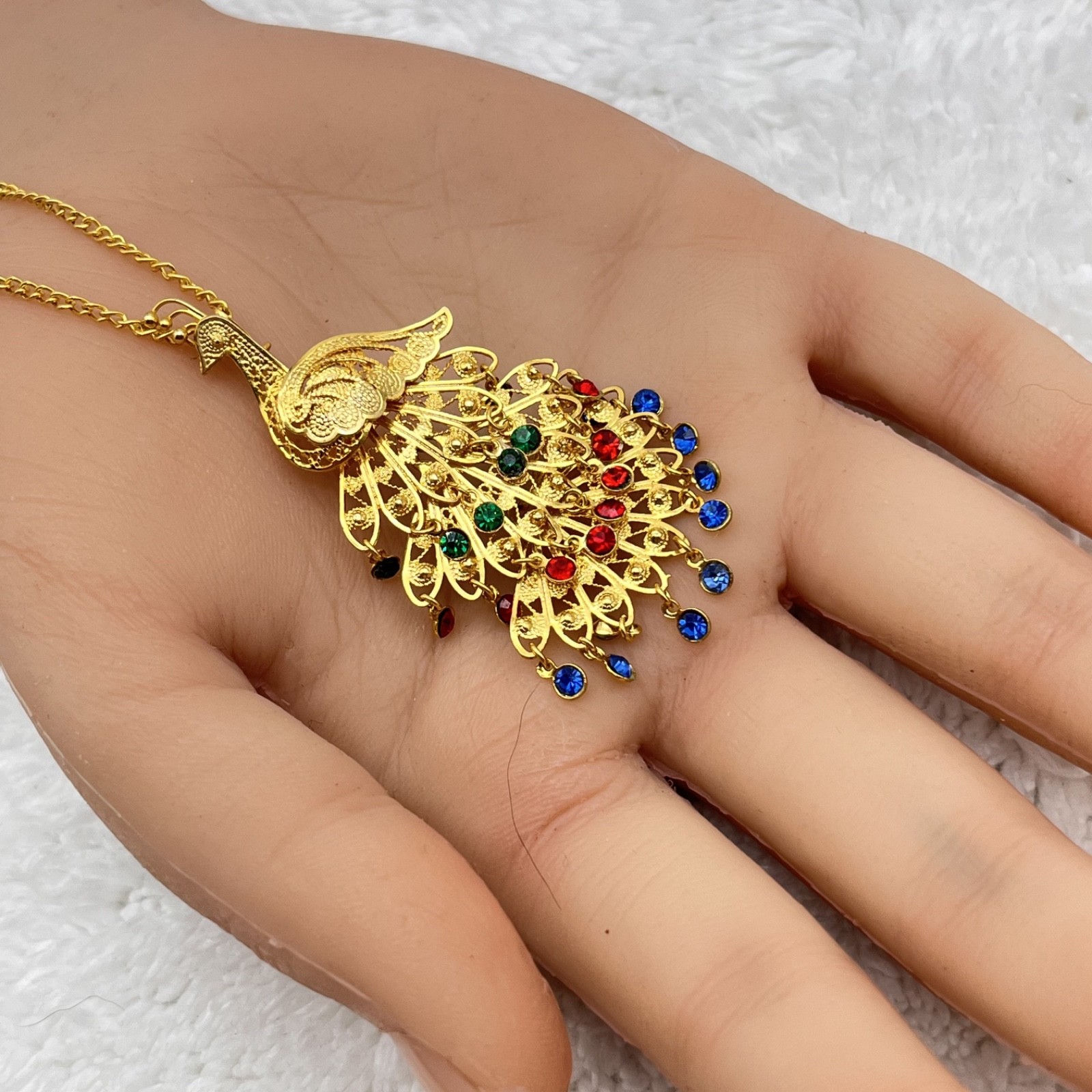 Vintage Peacock Necklace Filigree Pendant Brooch Combo Gold Tone 24″