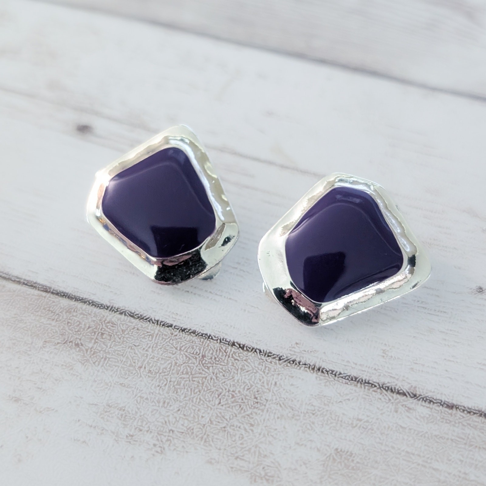 Vintage Clip On Earrings Unusual Statement Purple & Silver Tone Stylish