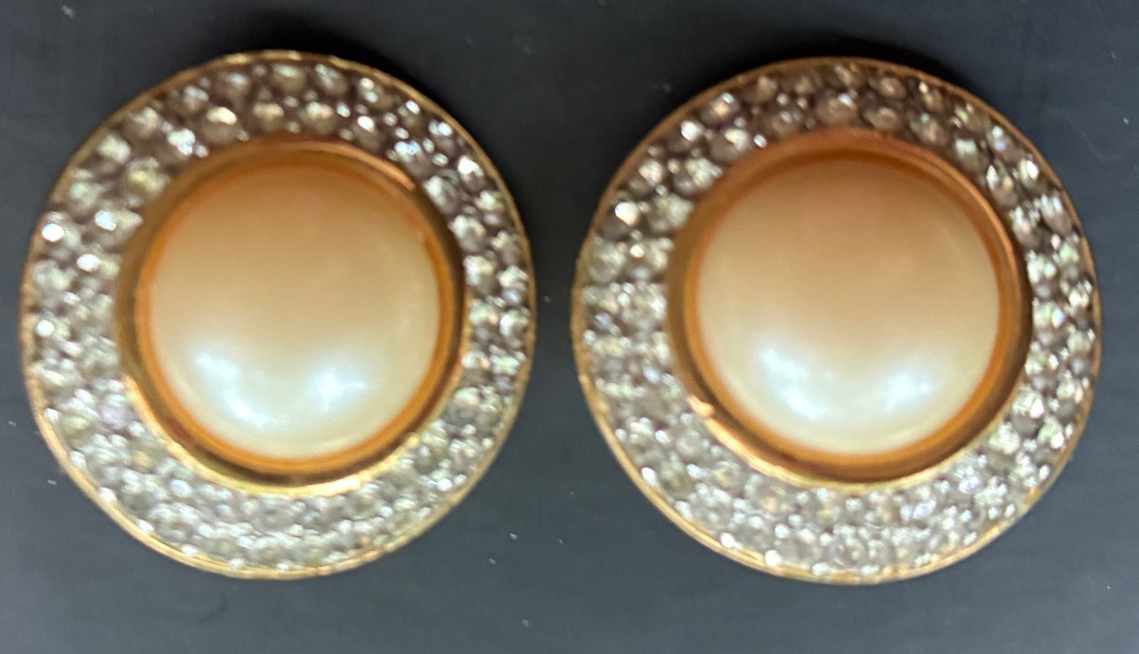 VINTAGE GIVENCHY FAUX PEARL CABOCHONS w Rhinestones CLIP-ON EARRINGS Goldtone