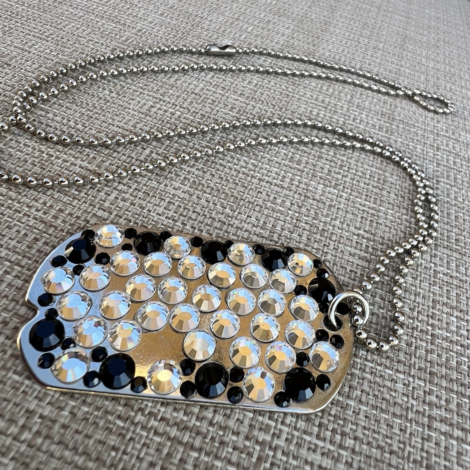 Vintage Handmade Rhinestone Crystal Embellished Dog Tag Necklace 23” Chain Black