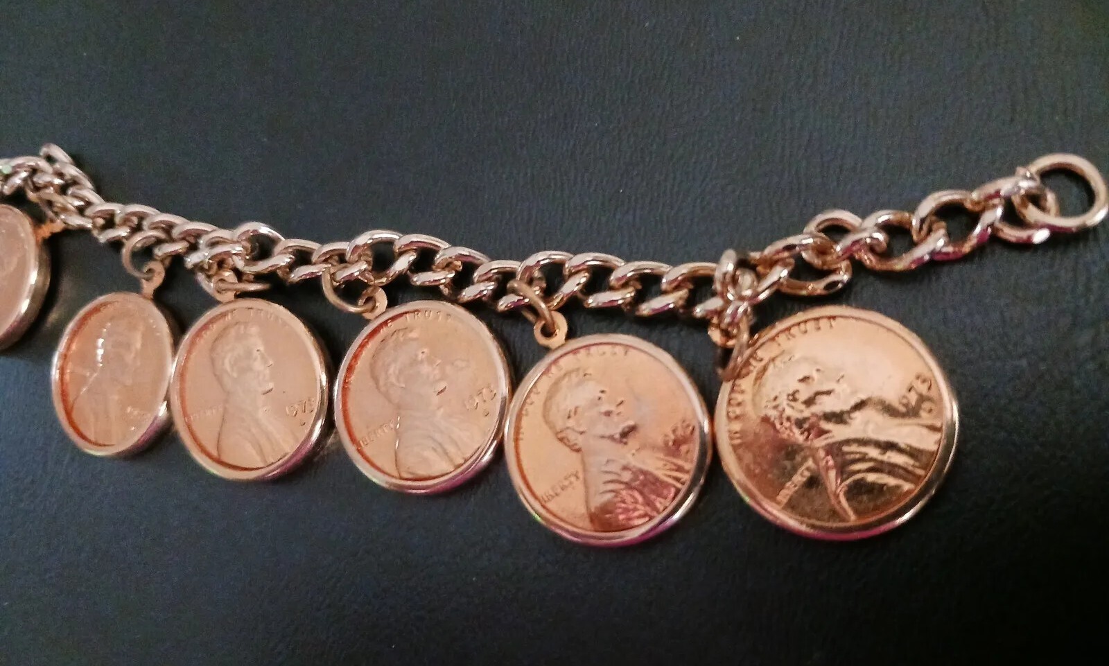Goldtone Penny Coin Charm Bracelet 1973 Anniversary BIrthday Gift 6 Pennies