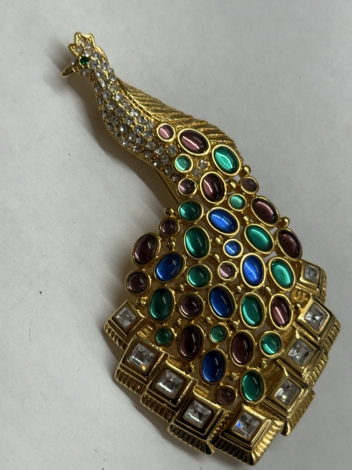 Vintage Nolan Miller Peacock Pin Brooch Goldtone Multicolored Crystals