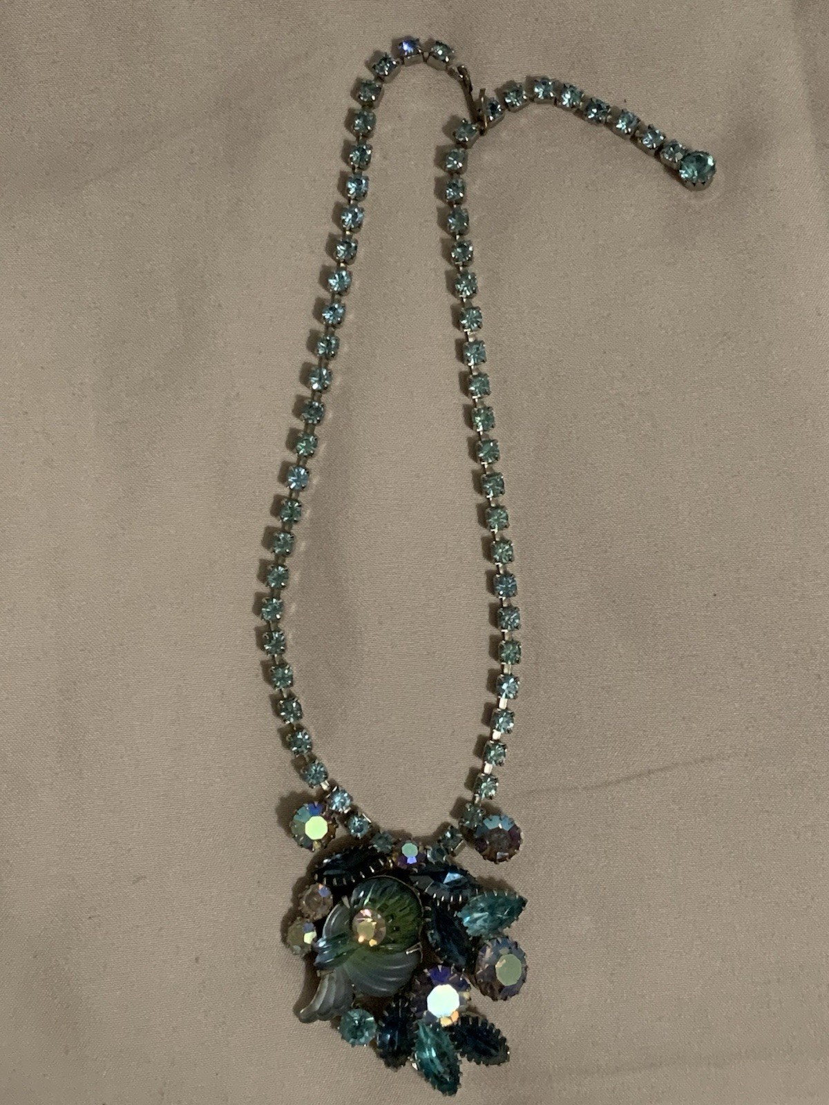 Signed Edlee Rhinestone Necklace: Frosted Art Glass, Aurora Borealis