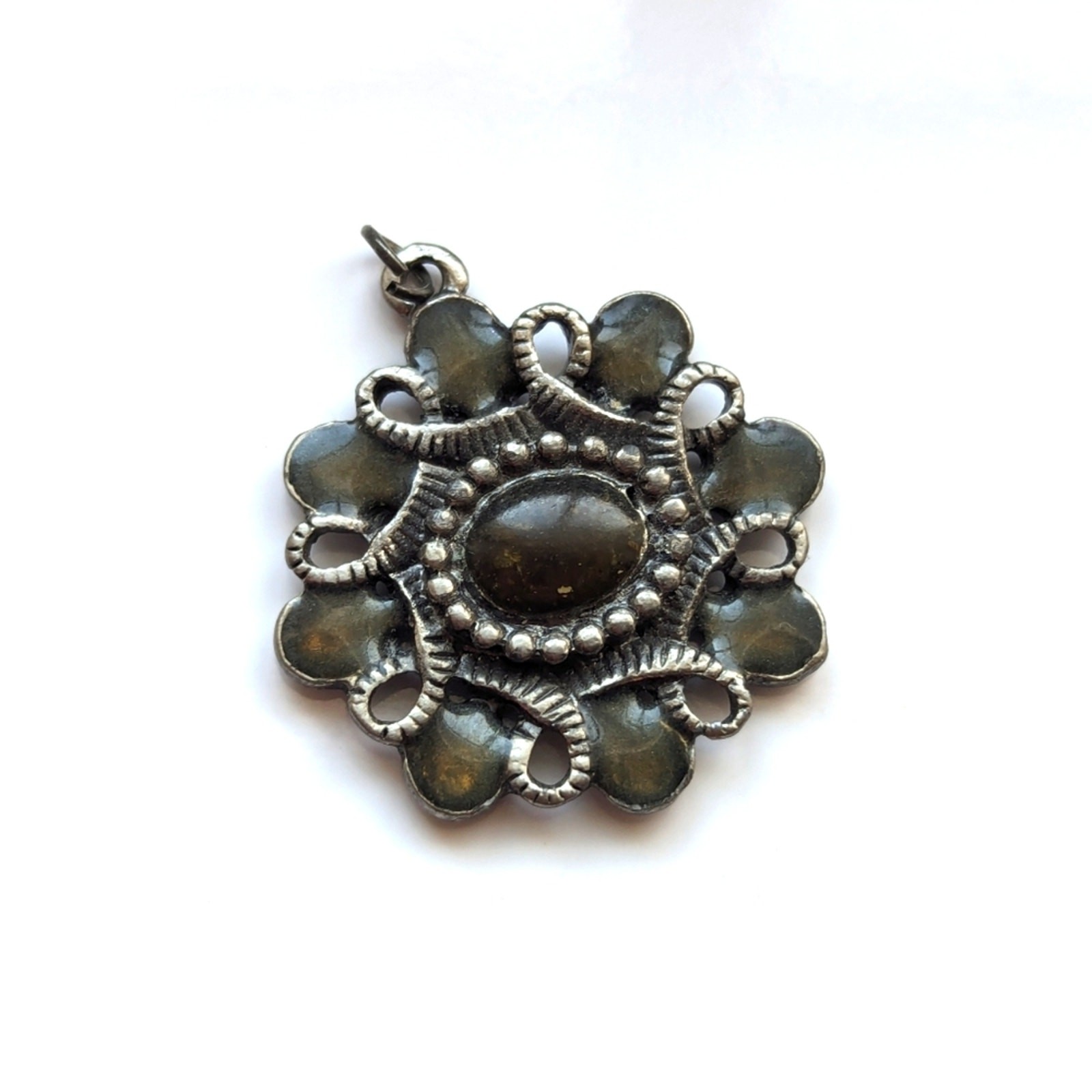 Vintage Silver Tone Enamel Rustic Faux Onyx Cabochon Twisted Floral Pendant