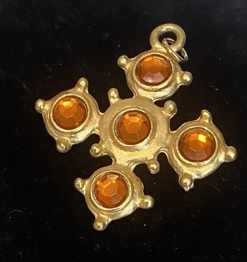 Vintage Pendant Amber Jeweled Maltese Cross Victorian Revival Matte Gold Tone
