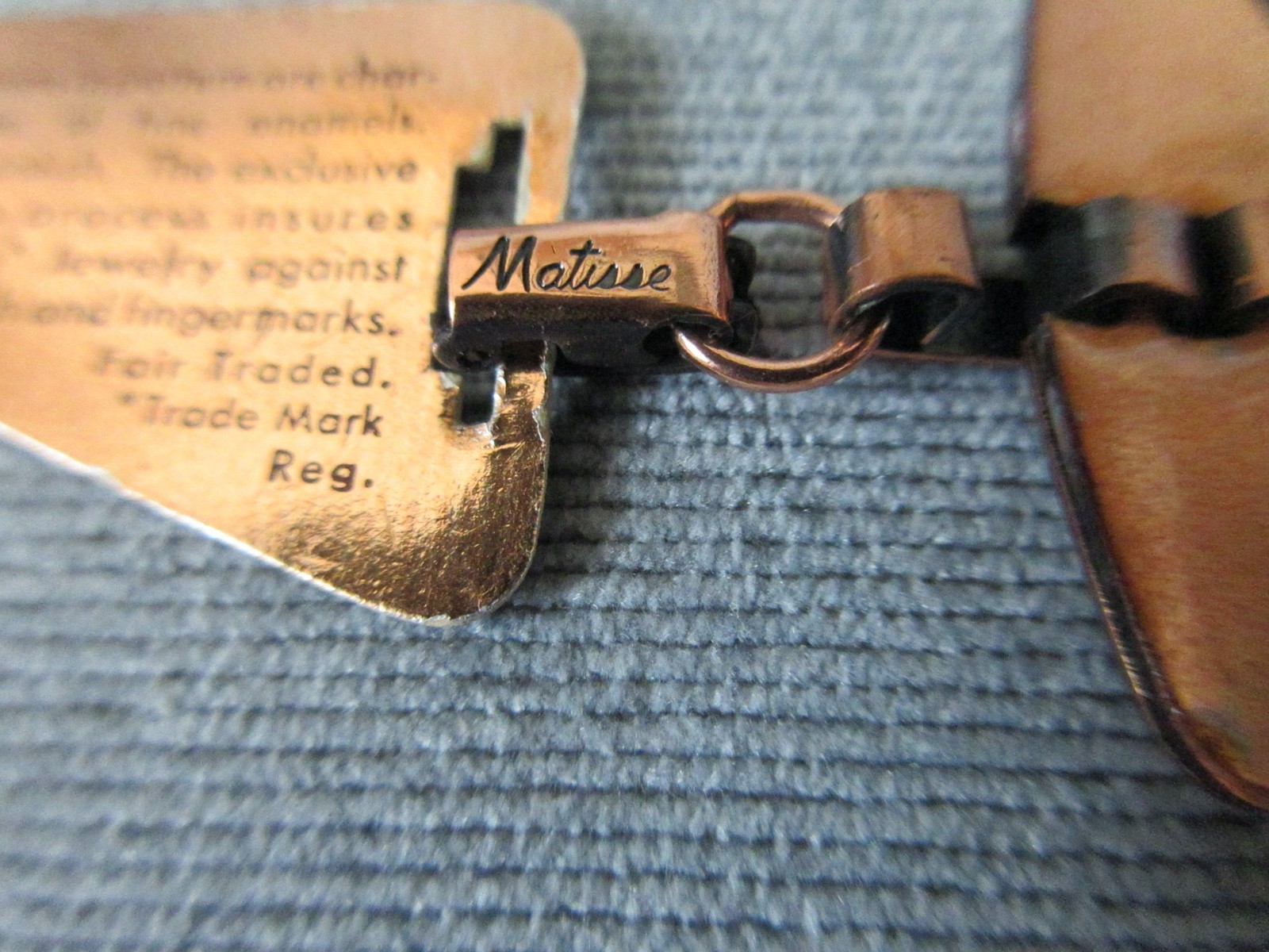 New / Old Stock – vintage signed MATISSE copper & blue enamel bracelet with tag