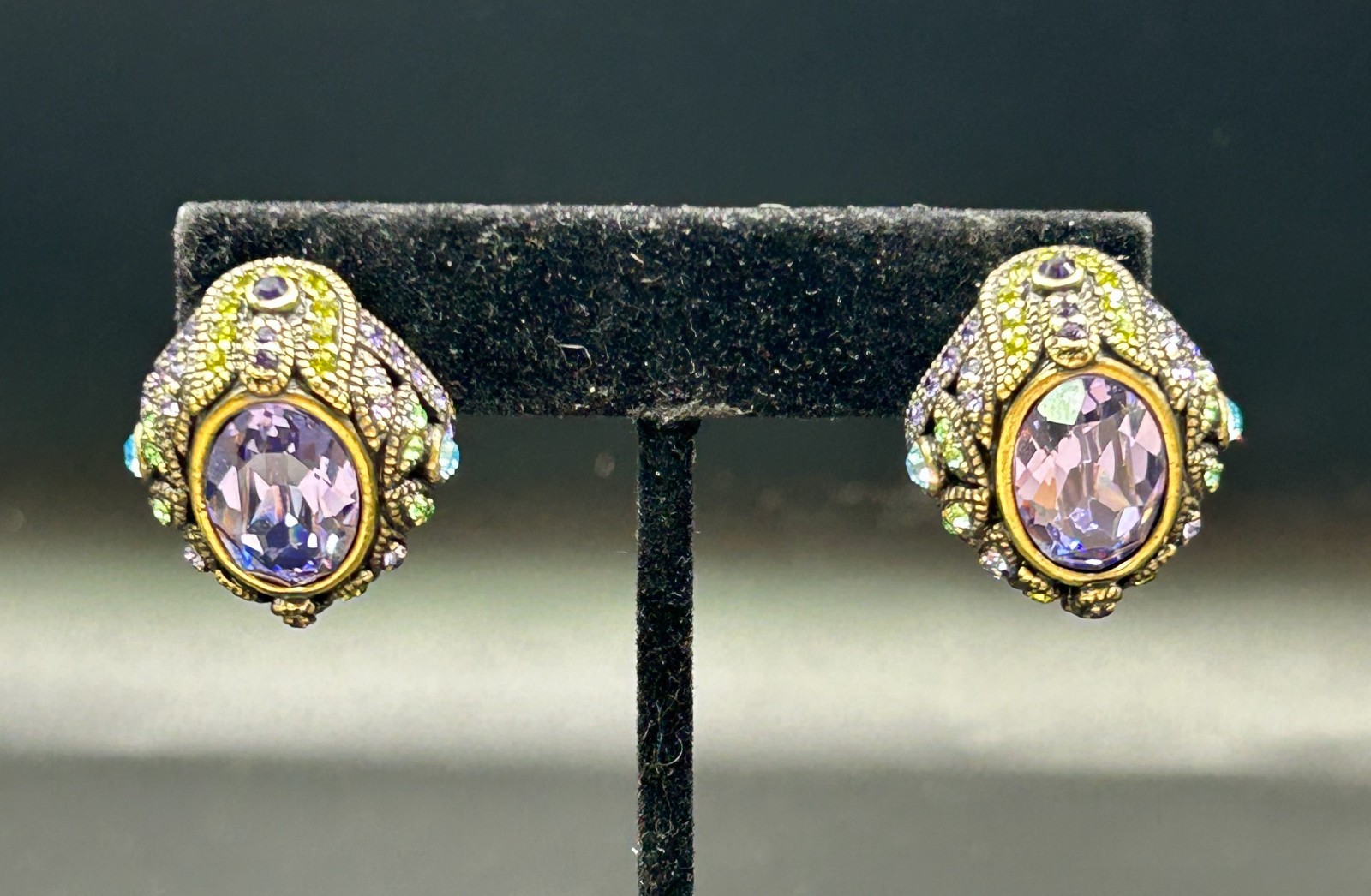 VINTAGE HEIDI DAUS EARRINGS PIERCED LARGE PURPLE CABOCHON PERIDOT AQUA GREEN ETC