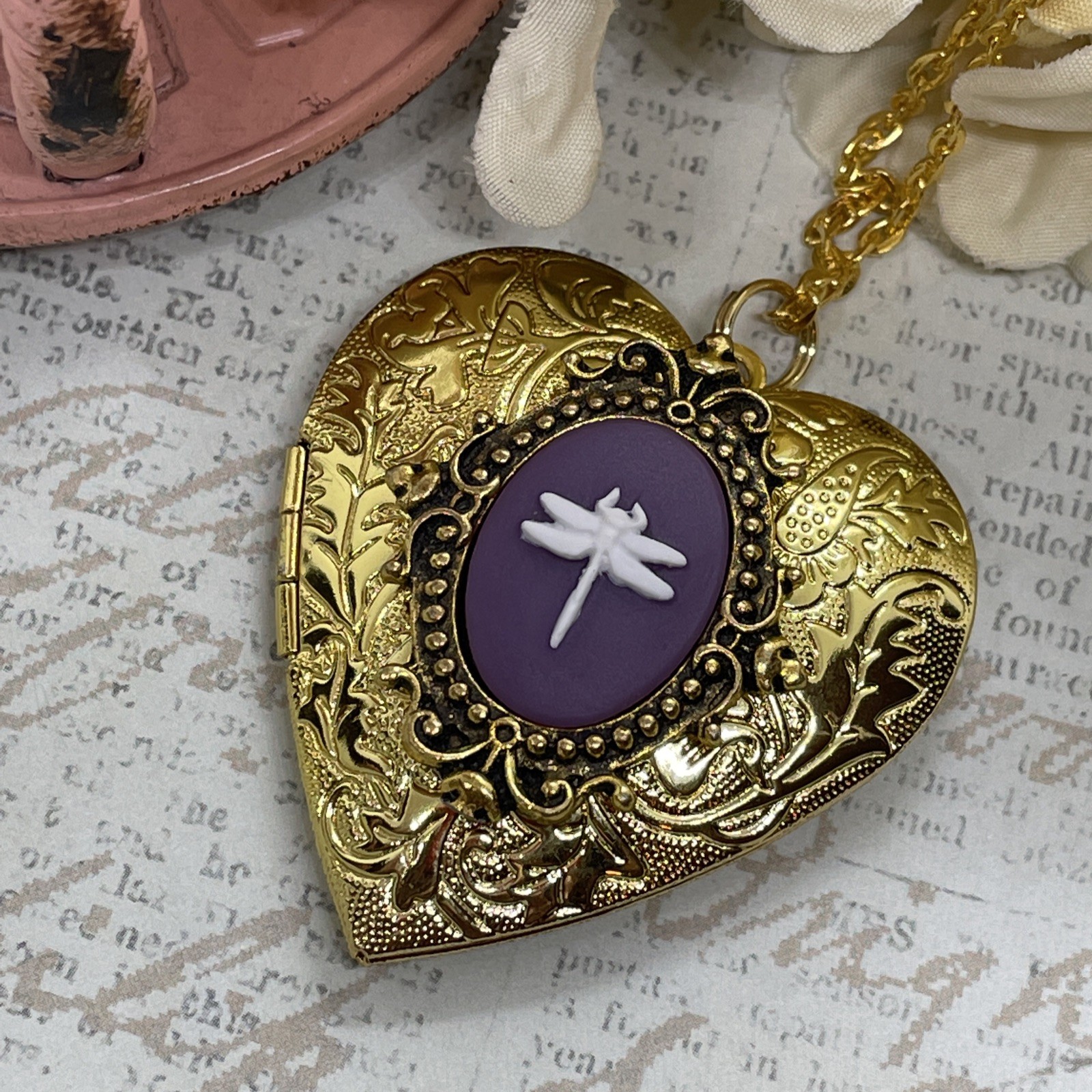 Gold Heart Locket Purple Birthday Anniversary Wedding Dragonfly Cameo Necklace