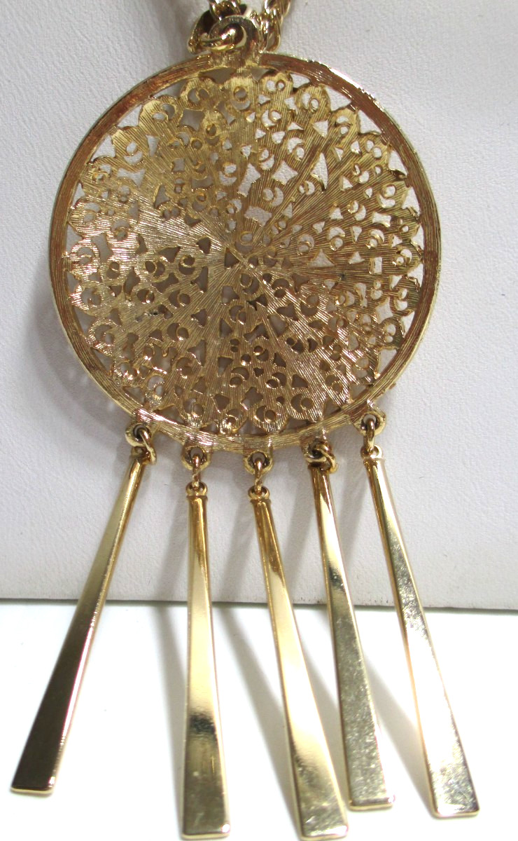 Vintage Boho Necklace Gold-tone Metal Filigree Medallion Dangling Bar Tassels