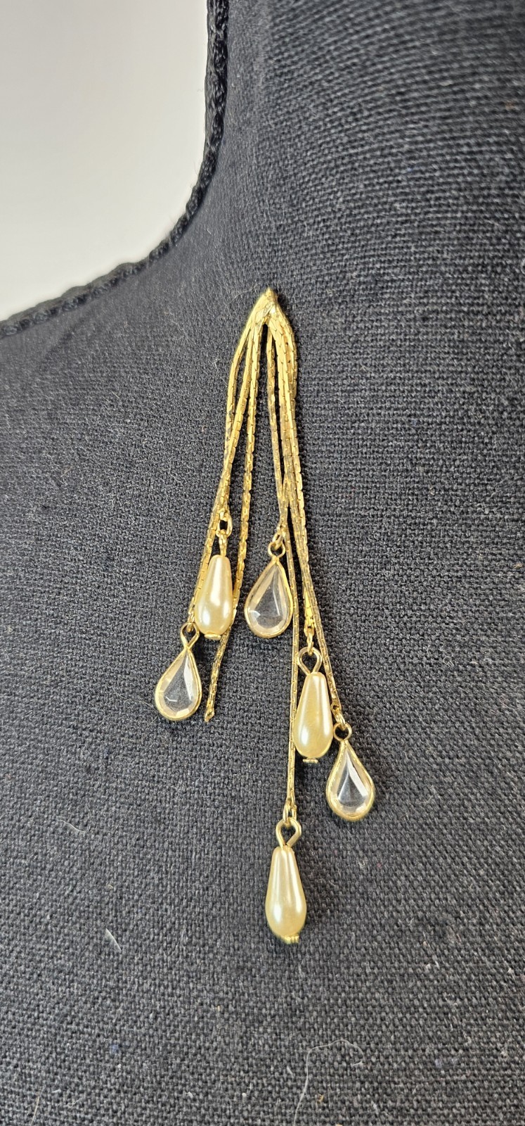 Vintage Gold Tone Dangle Statement Earrings Faux Pearl Glass Teardrop