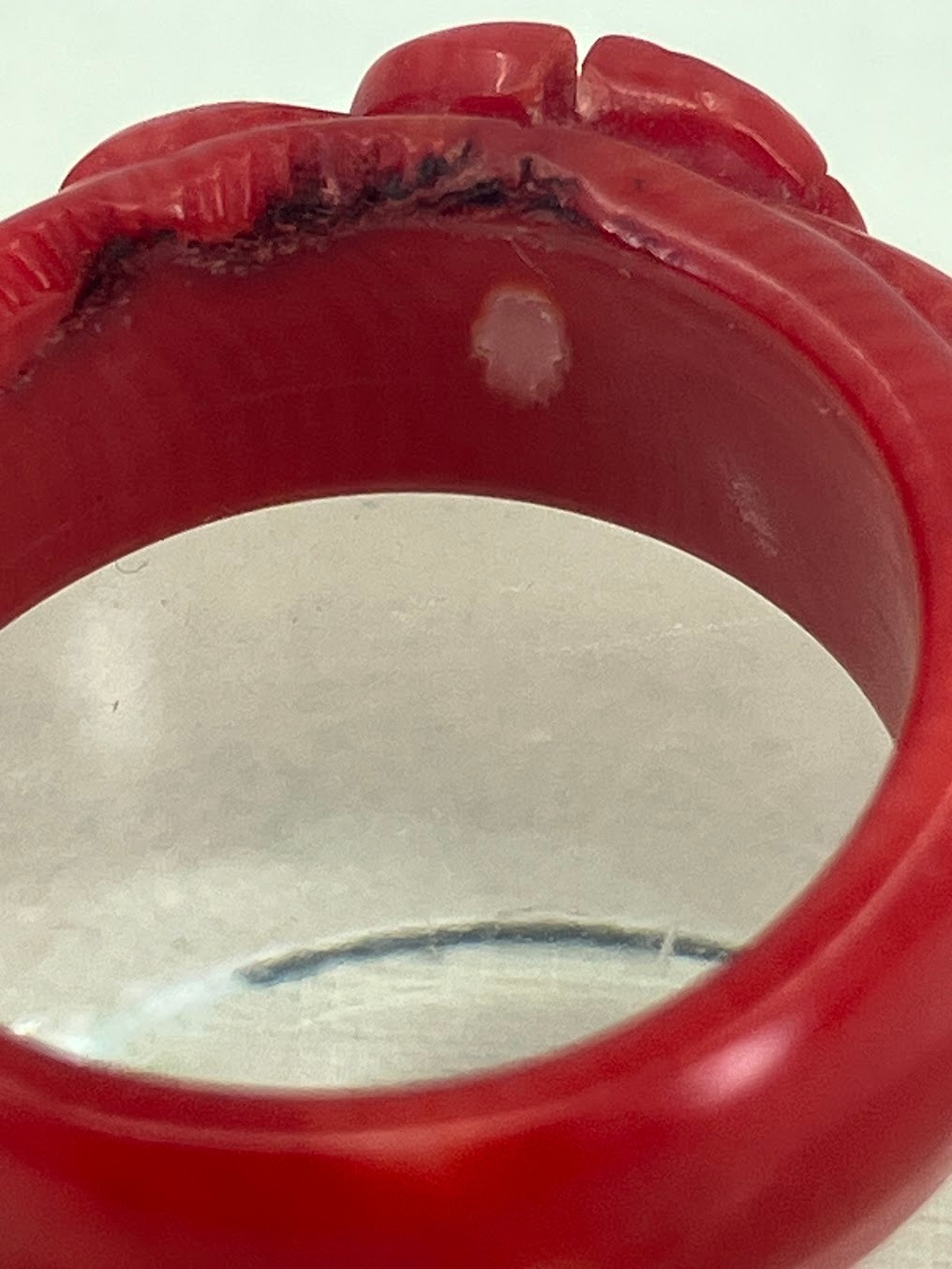 Vintage Coral Ring Carved Red Flower Sz 7.5 READ