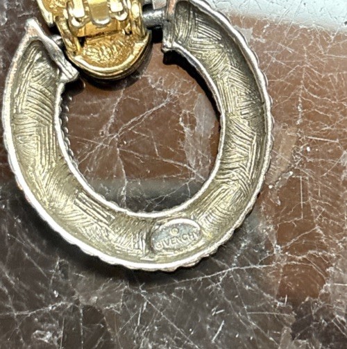 Vintage Givenchy Silver Door Knocker Gold Tone Logo Clip On Earrings