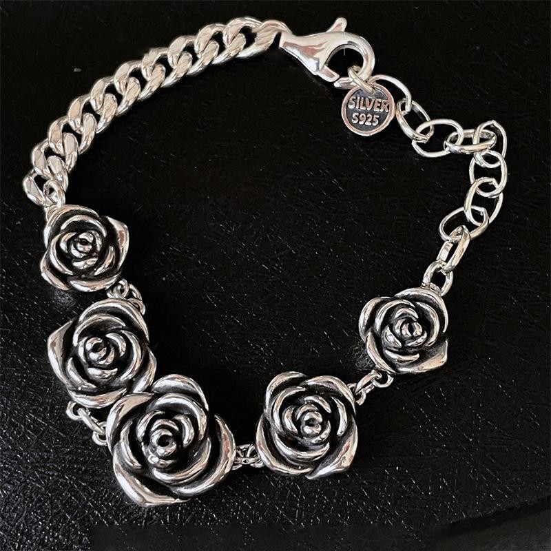 New 925 Sterling Silver Vintage Roses Flower Chain Bracelet Trendy Style Bangle