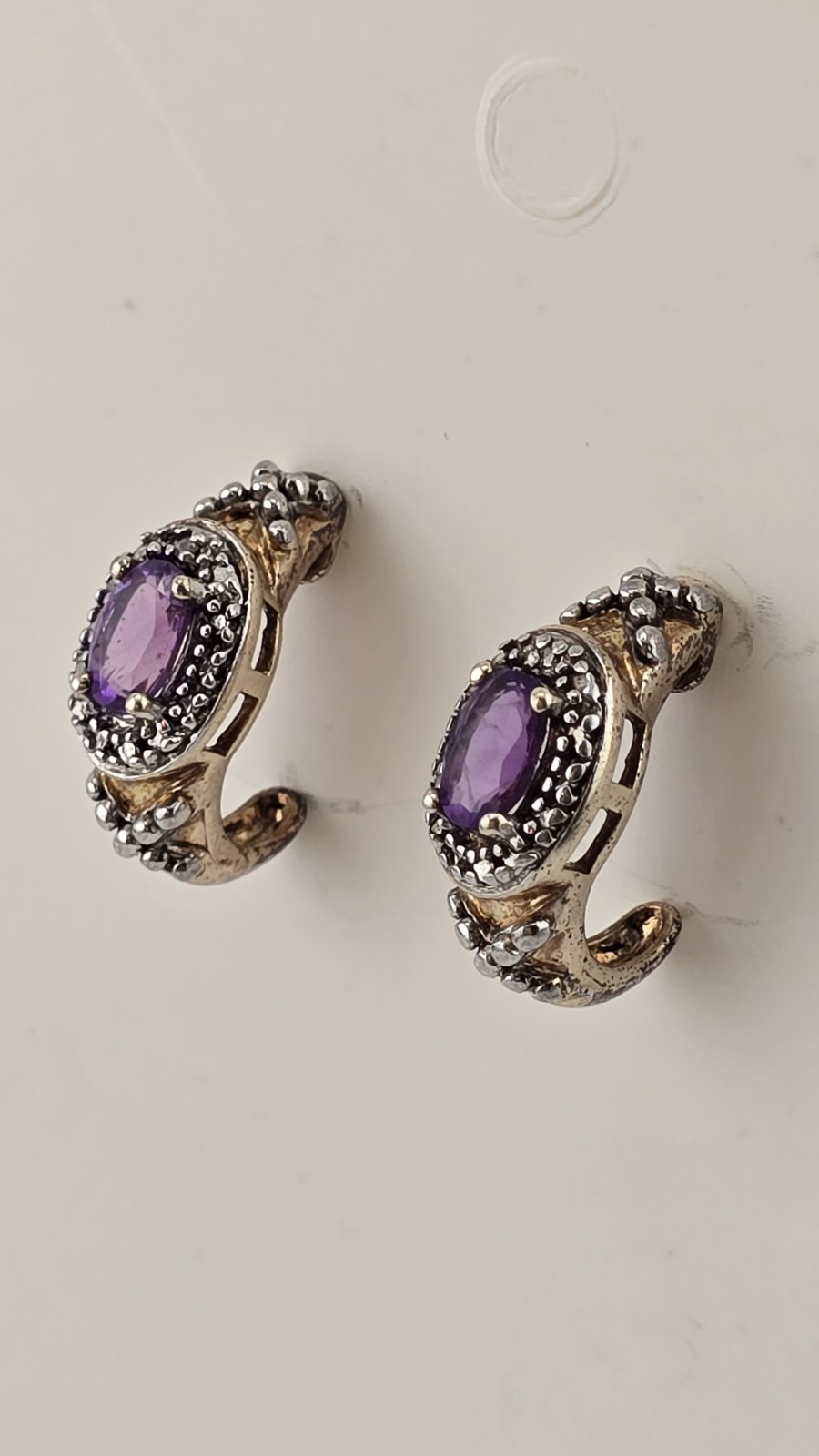 Vintage Brass-Plated 925 Silver Half Hoop Earrings with Amethyst