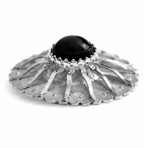 Vintage Sarah Coventry Black Cabochon Silver Tone Sunburst Brooch Pin Signed