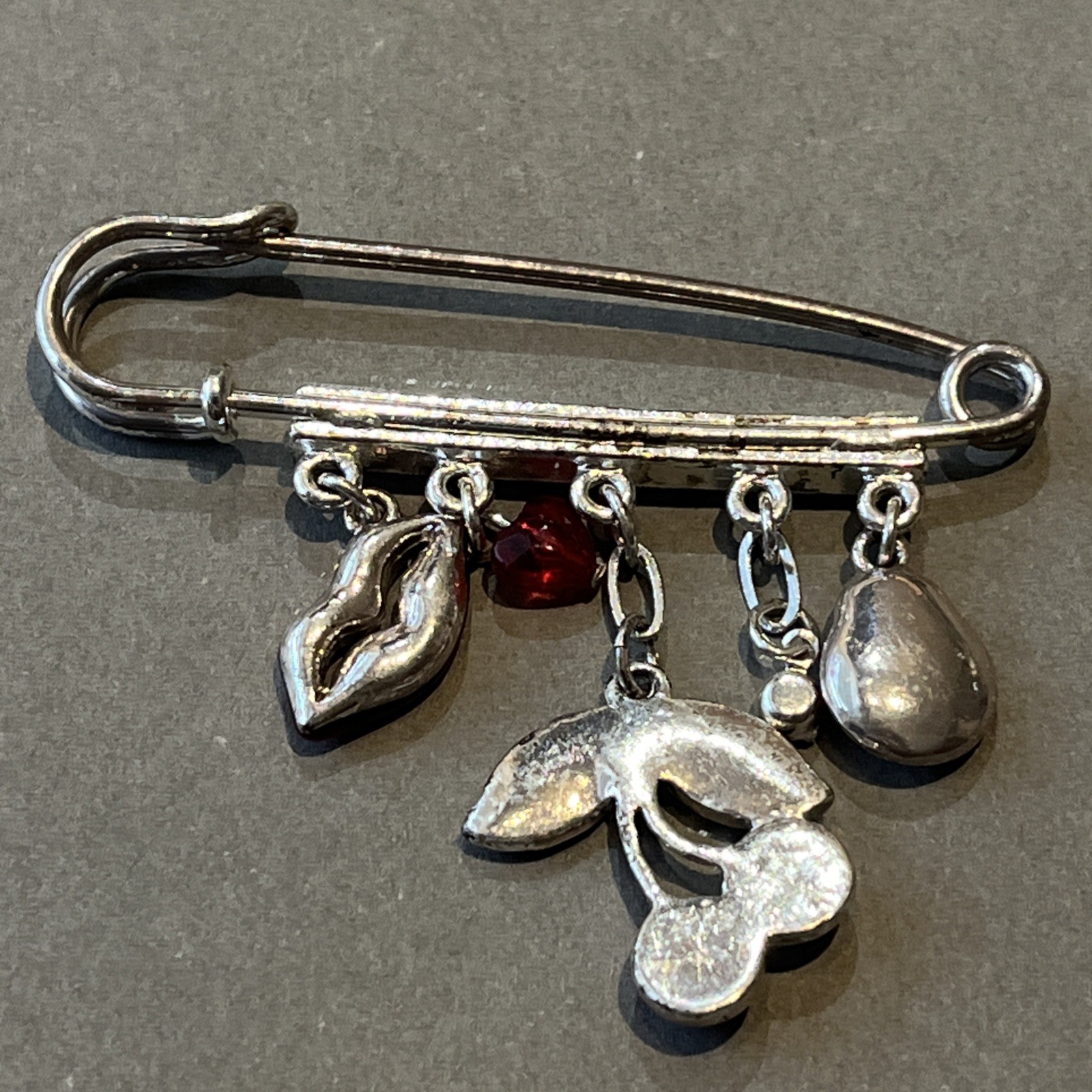 Vtg Lucky Charm Safety Pin Brooch Lips Heart Cherries Ladybug Nature Love & Luck