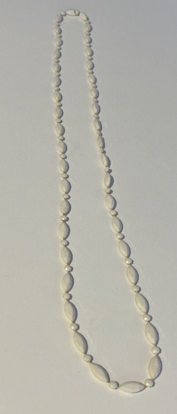 Vintage Marquis and Flower Shaped Pieces Cream Color Plastic Necklace Hangs 17″